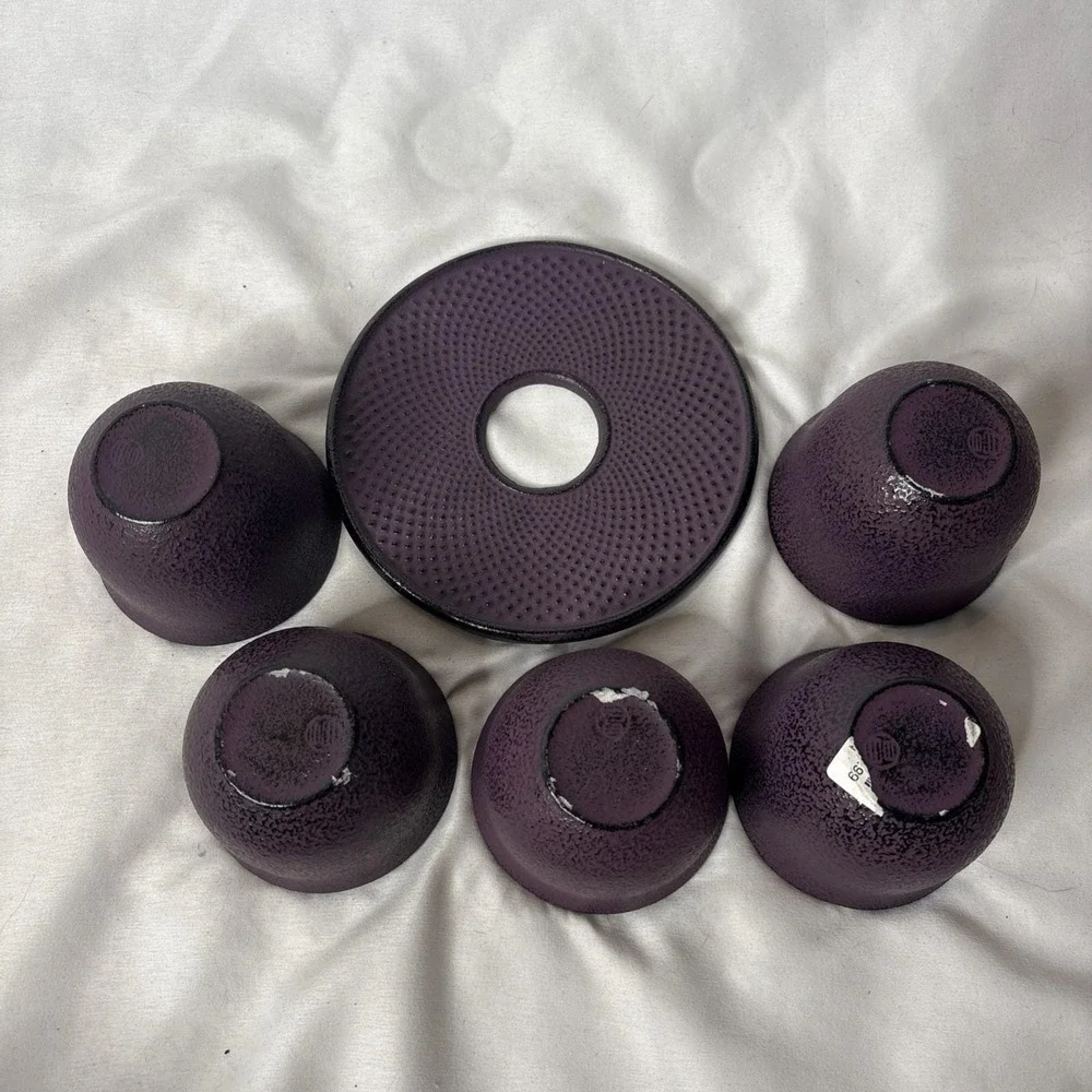 Vtg Purple Hobnail Cast Iron Japanese Tetsubin Teacup Set 5 Cups 1 Saucer